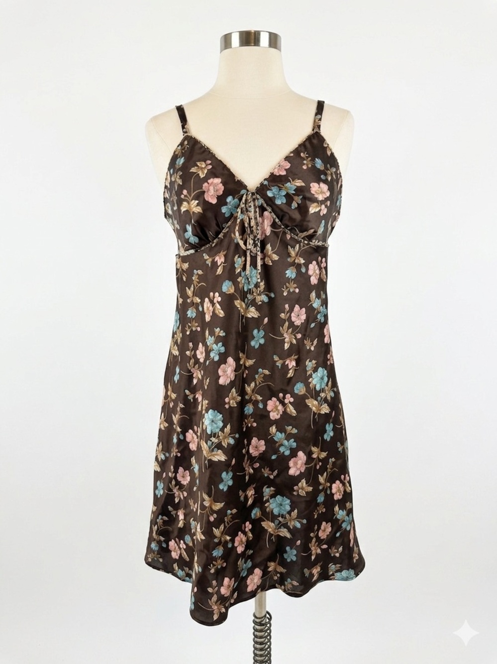VTG Adonna chocolate Brown Floral satin slip Dress tie front back size large Y2K